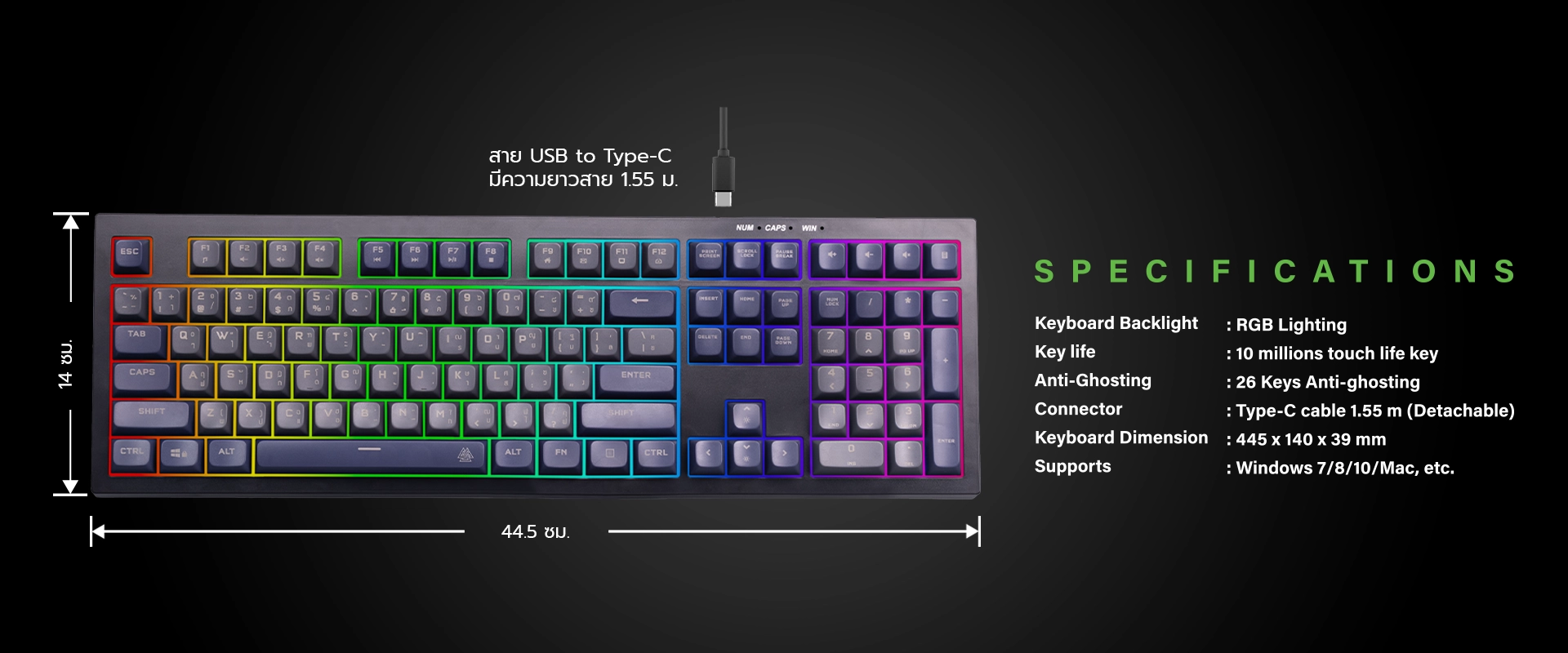 คีย์บอร์ดเกมมิ่ง รุ่น TYPE K11 100% Membrane Switch 108 ปุ่ม